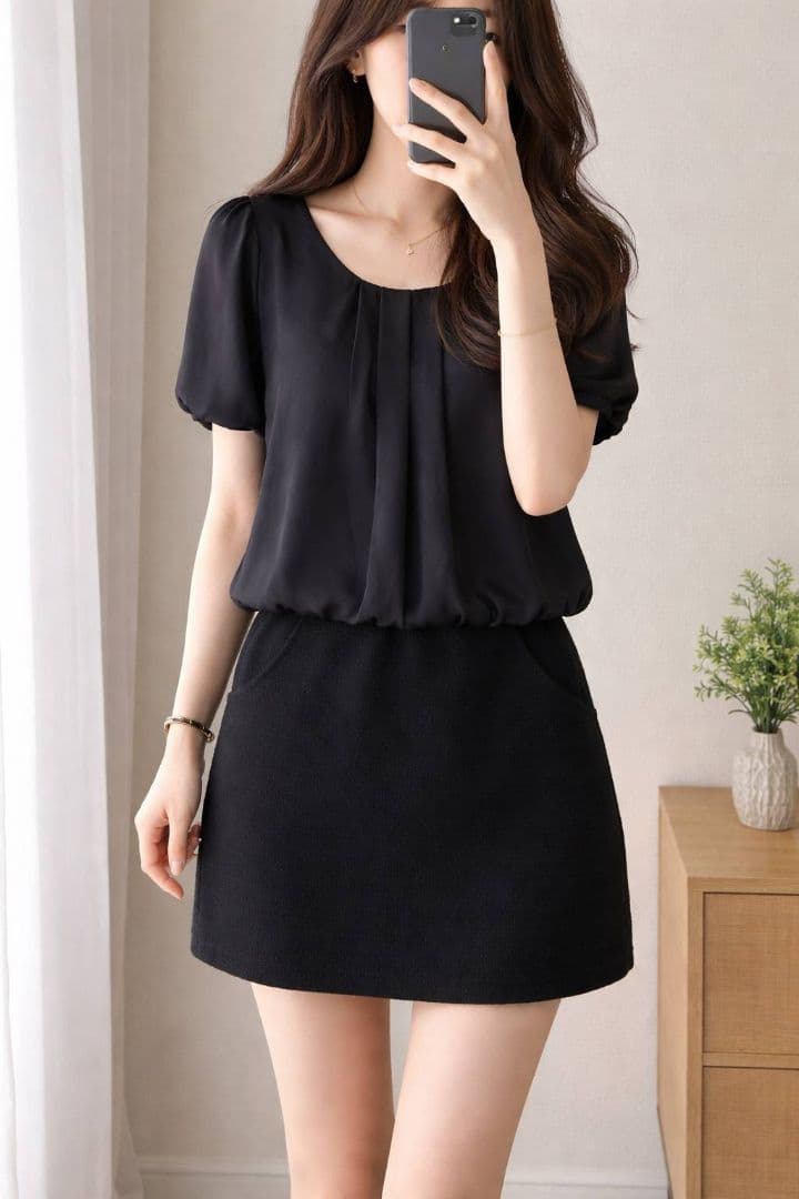 プーラフリーム Pour la frime黒のひざ丈ワンピース 半袖 異素材 2