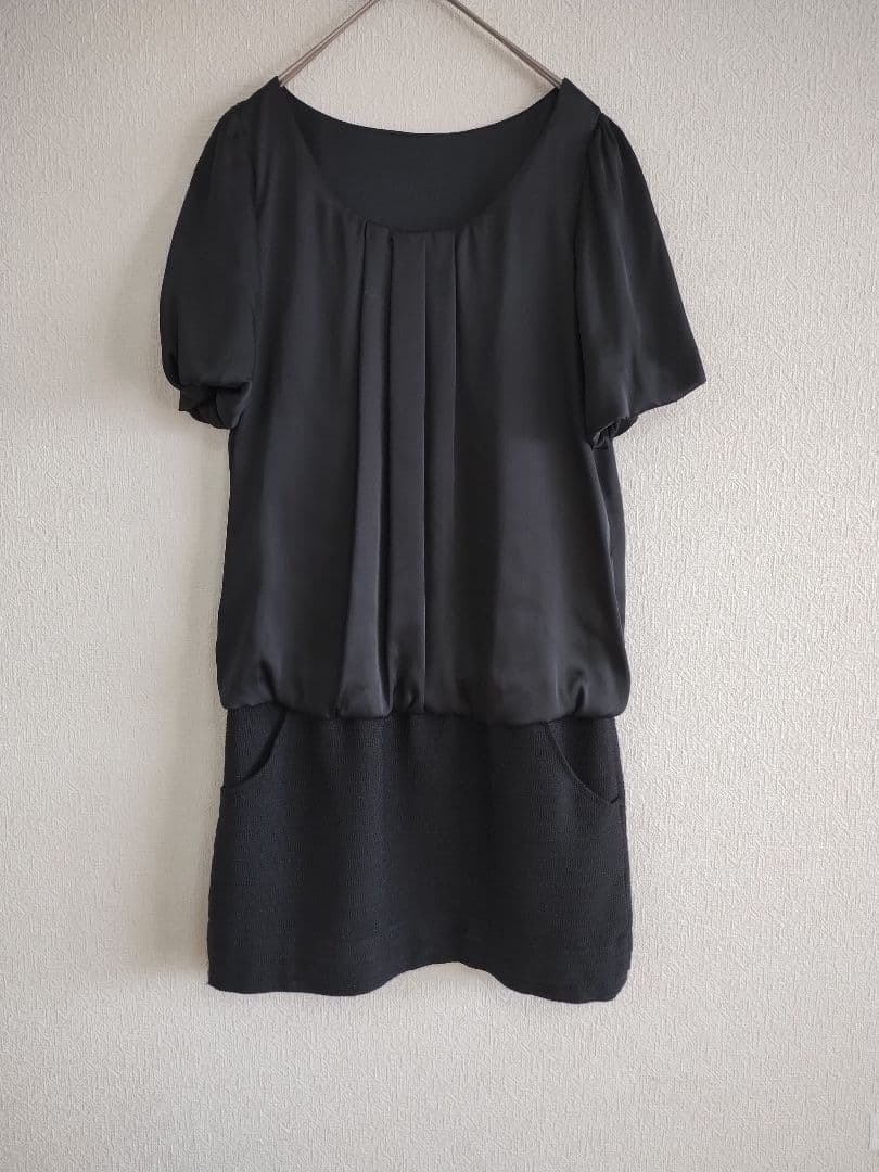 プーラフリーム Pour la frime黒のひざ丈ワンピース 半袖 異素材 11