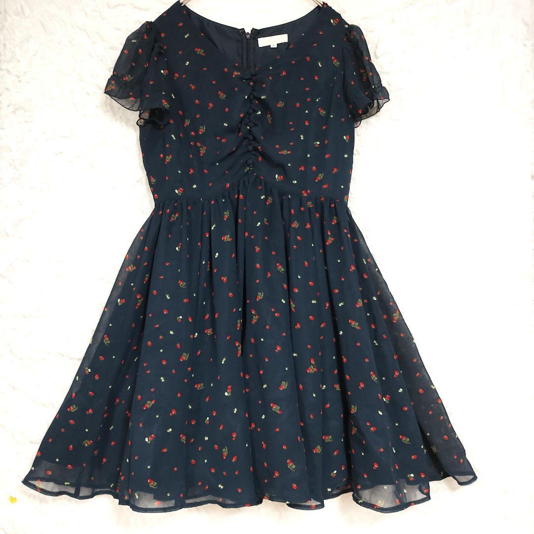 earth アース ネイビー フラワープリント フレアワンピースM シフォン