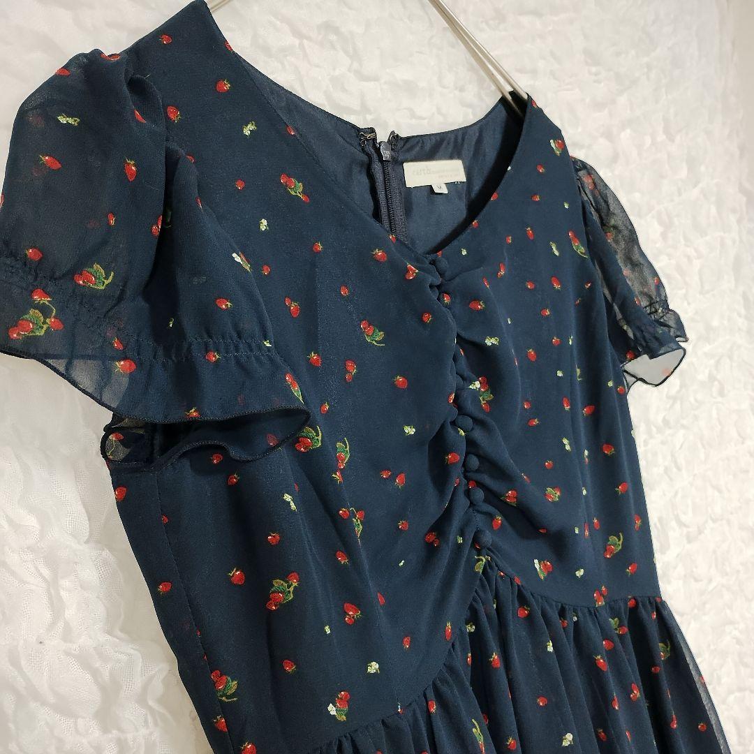 earth アース ネイビー フラワープリント フレアワンピースM シフォン 3