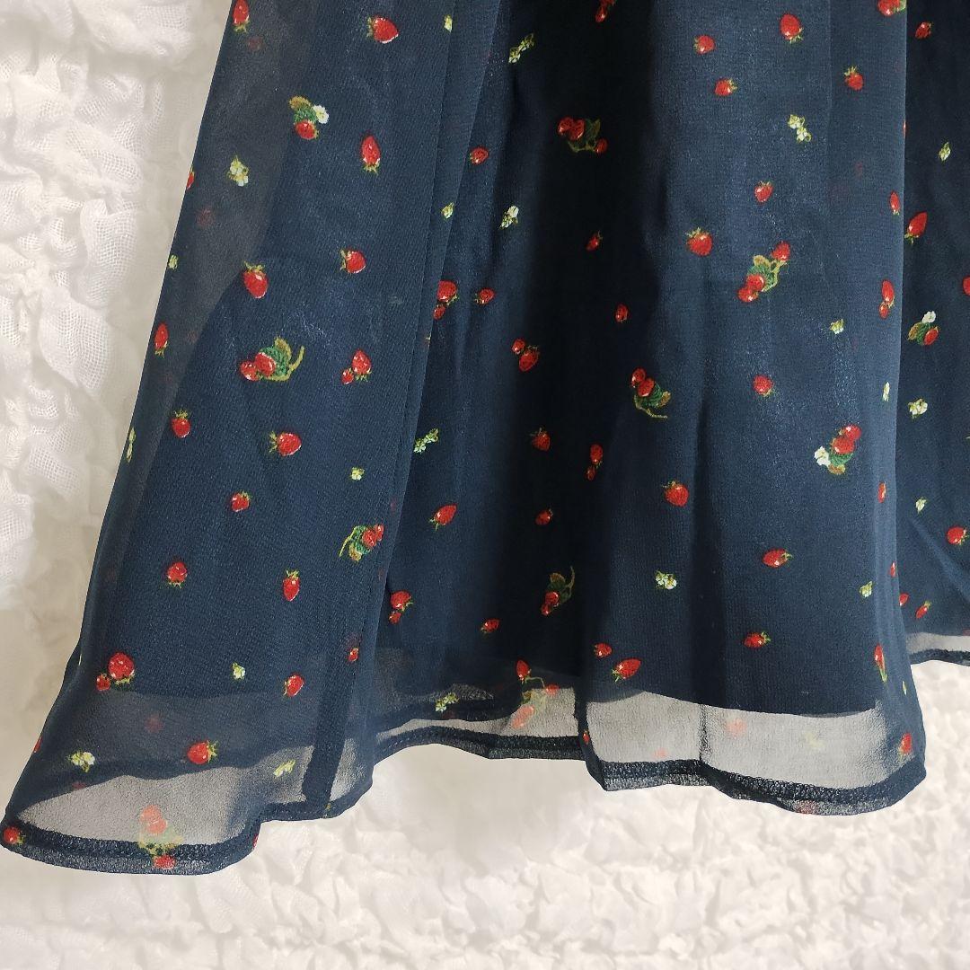 earth アース ネイビー フラワープリント フレアワンピースM シフォン 4