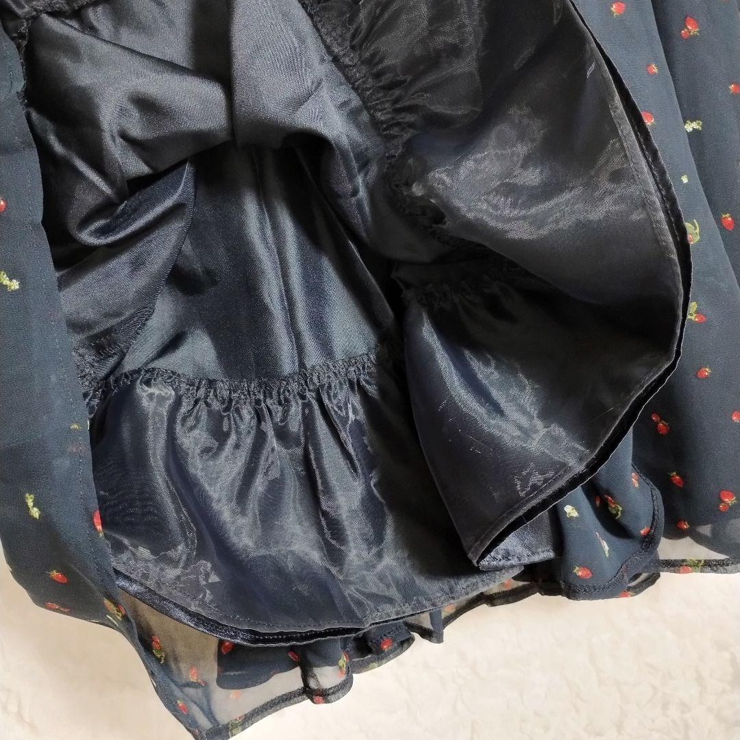 earth アース ネイビー フラワープリント フレアワンピースM シフォン 5