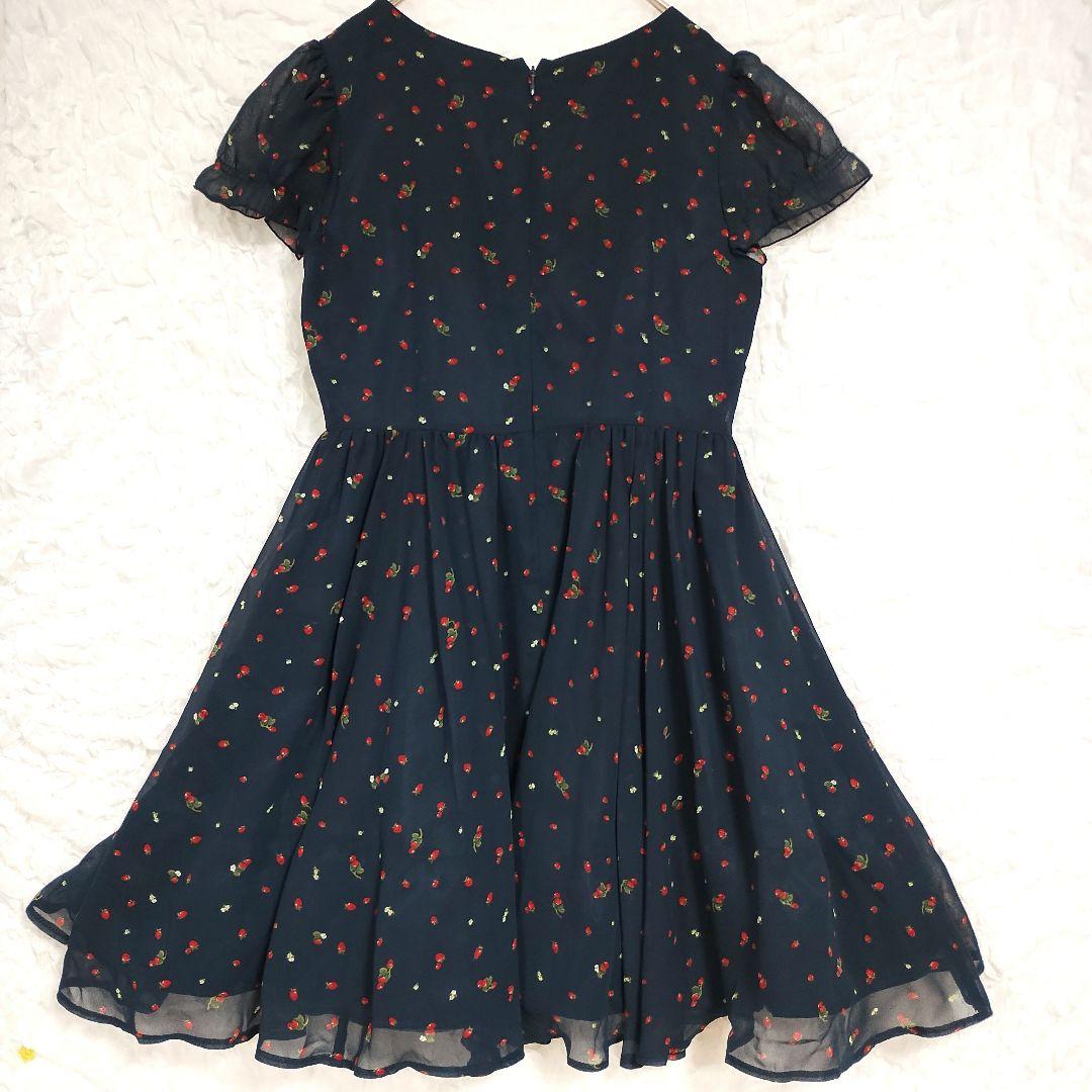 earth アース ネイビー フラワープリント フレアワンピースM シフォン 6