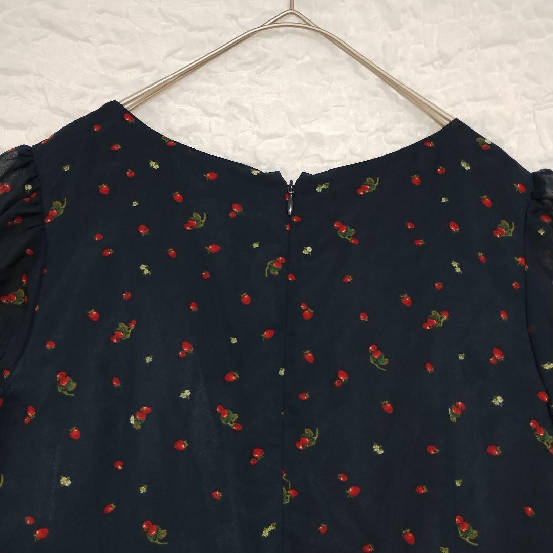 earth アース ネイビー フラワープリント フレアワンピースM シフォン 7