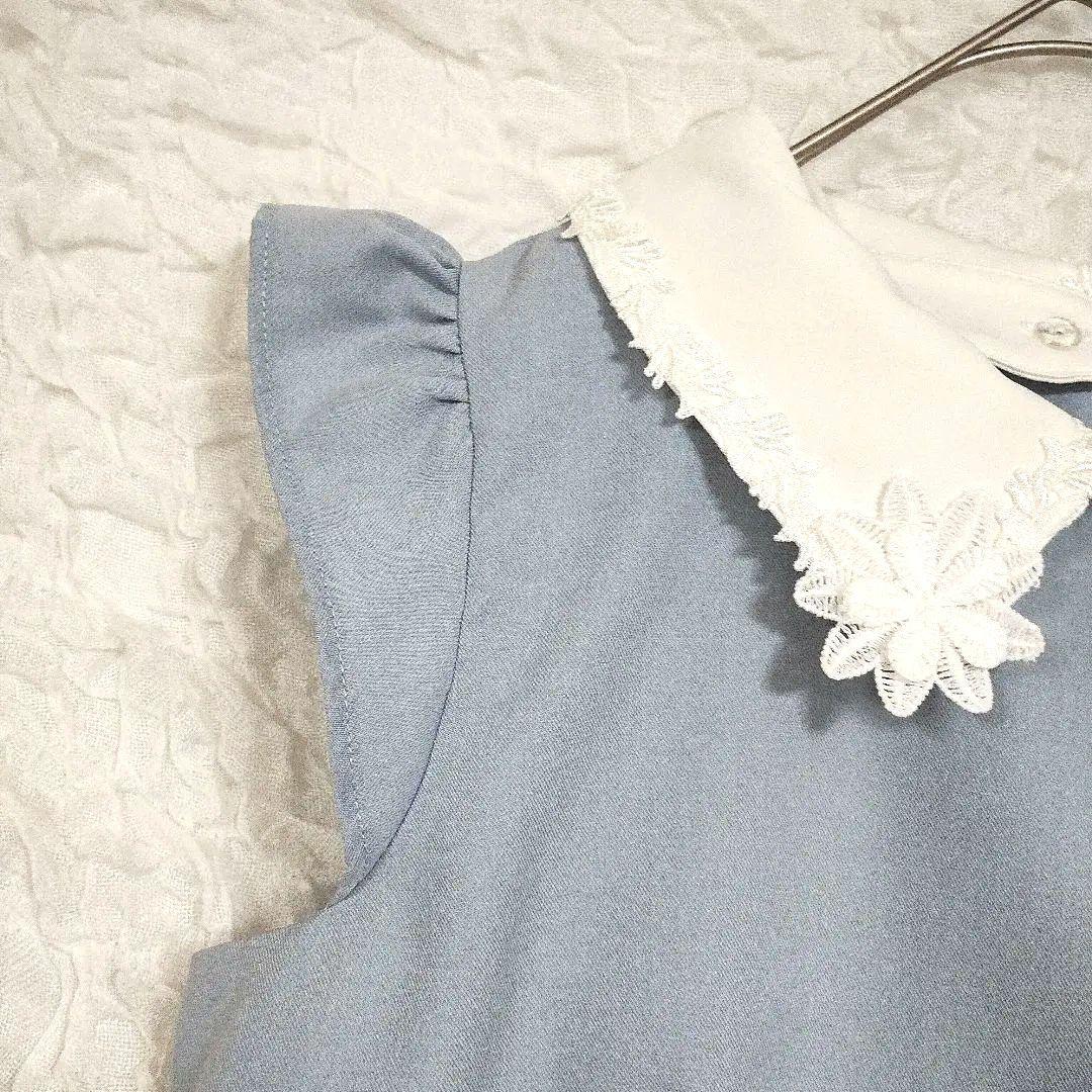 ビーラディエンス レース襟のライトブルー ノースリーブトップス 刺繍 着回し抜群 3