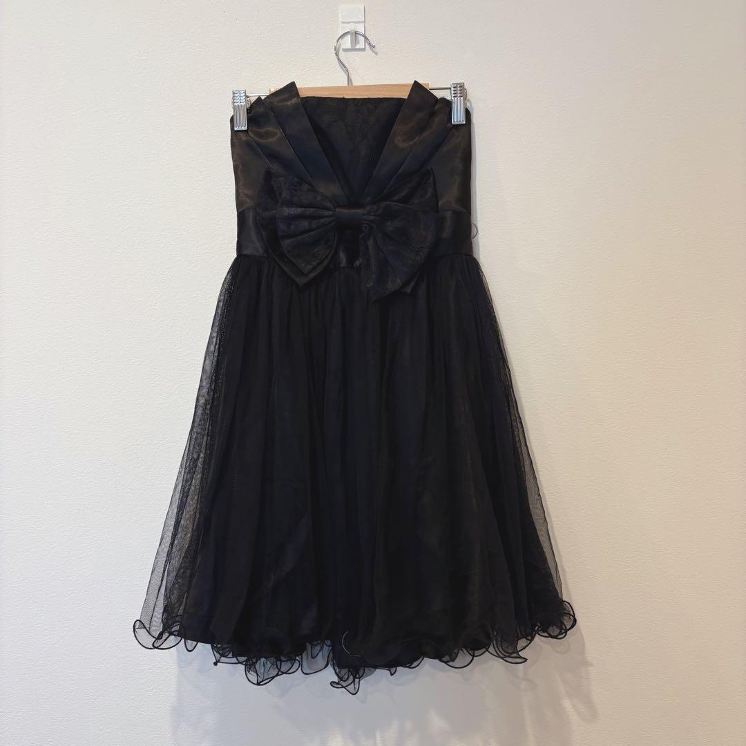 ドレス 膝丈　ワンピース　チュール リボン 黒　ブラック S レース　フリル
