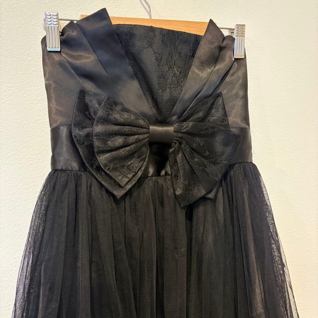 ドレス 膝丈　ワンピース　チュール リボン 黒　ブラック S レース　フリル 2