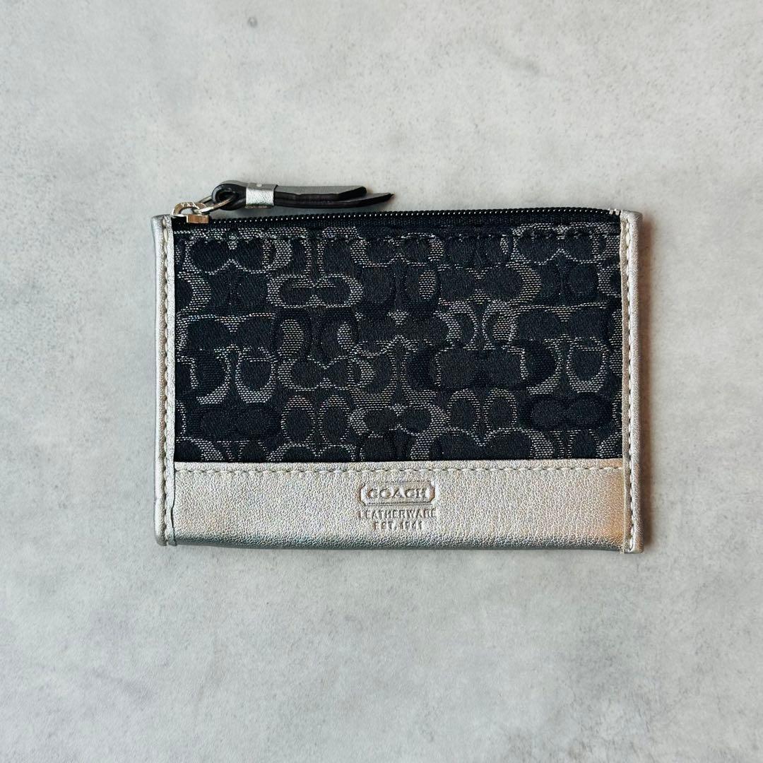 COACH シグネチャー コインケース　カードケース　シルバー　ネイビー