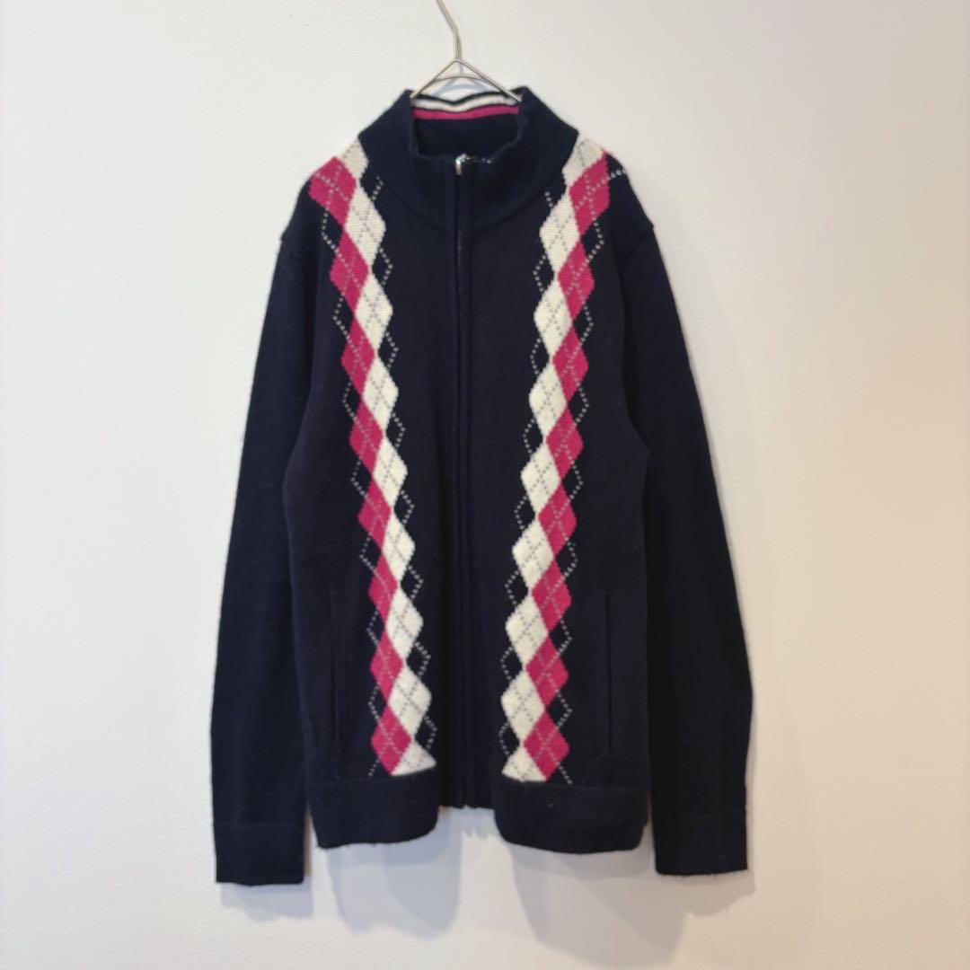 タカキュー　ニットセーター　ジップ カーディガン アーガイル ネイビー 紺色　M