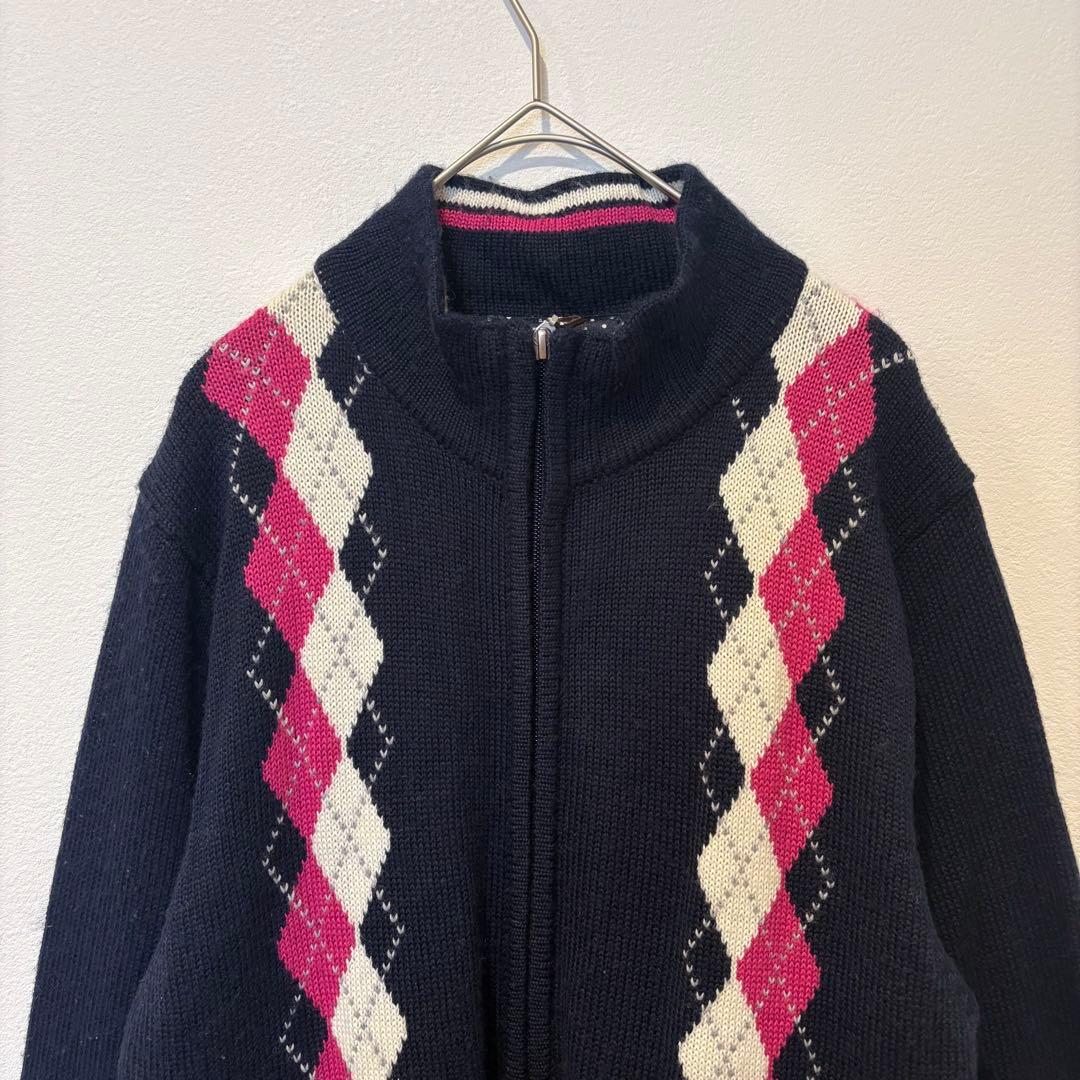 タカキュー　ニットセーター　ジップ カーディガン アーガイル ネイビー 紺色　M 2