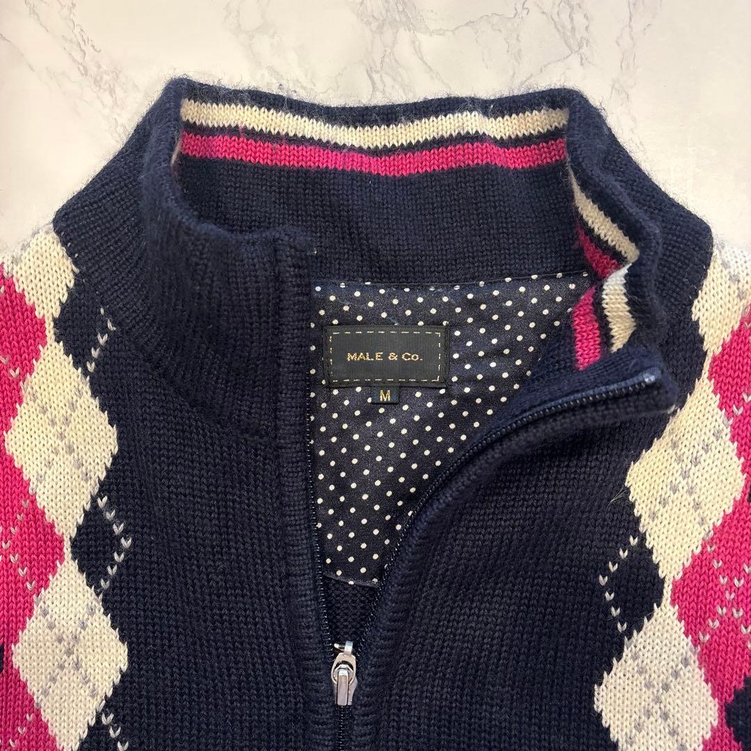 タカキュー　ニットセーター　ジップ カーディガン アーガイル ネイビー 紺色　M 7
