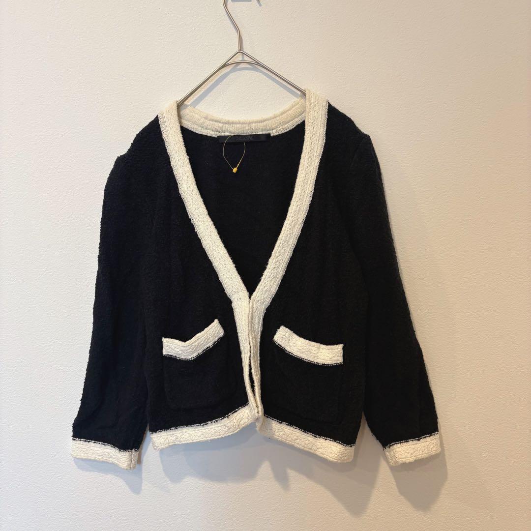 ルーデブレス　ノーカラーカーディガン ジャケット　配色 黒 白 2 M かわいい
