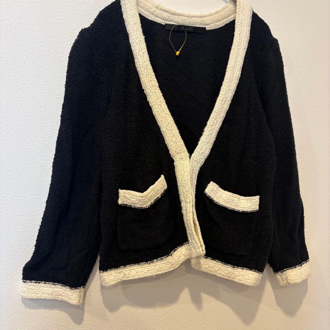 ルーデブレス　ノーカラーカーディガン ジャケット　配色 黒 白 2 M かわいい 4