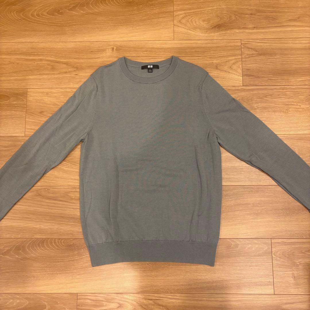 .ユニクロ クルーネック　長袖ニット シンプル 灰色　グレー L 防寒 3