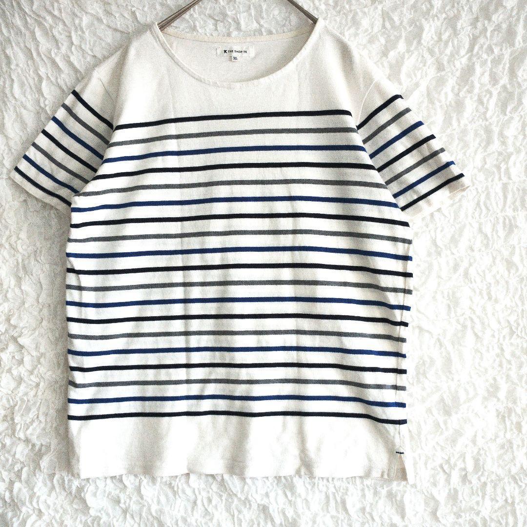 【TKショップ】ホワイト ストライプ 半袖Tシャツゆったり XL カジュアル