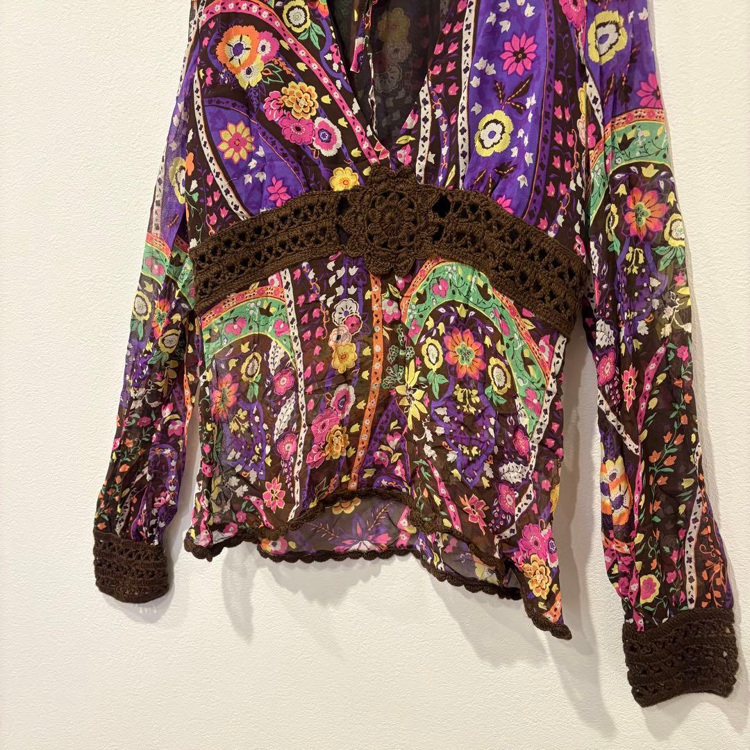 ラルトラモーダ シルク100% ブラウス 花柄 総柄 マルチカラー M レース 4