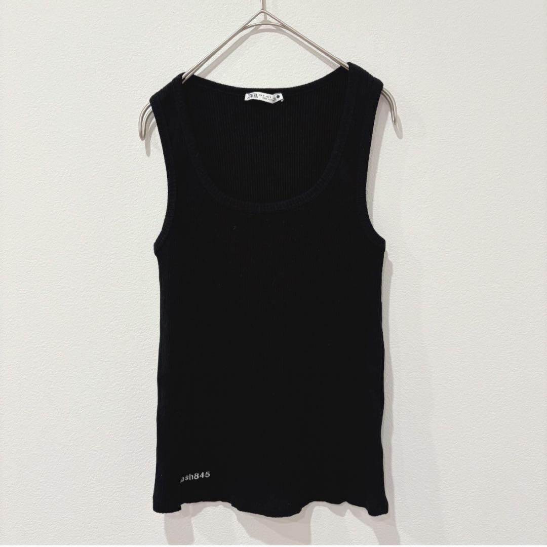 .ザラ　リブ　タンクトップ ロゴ刺繍 黒　ブラック Sサイズ　シンプル