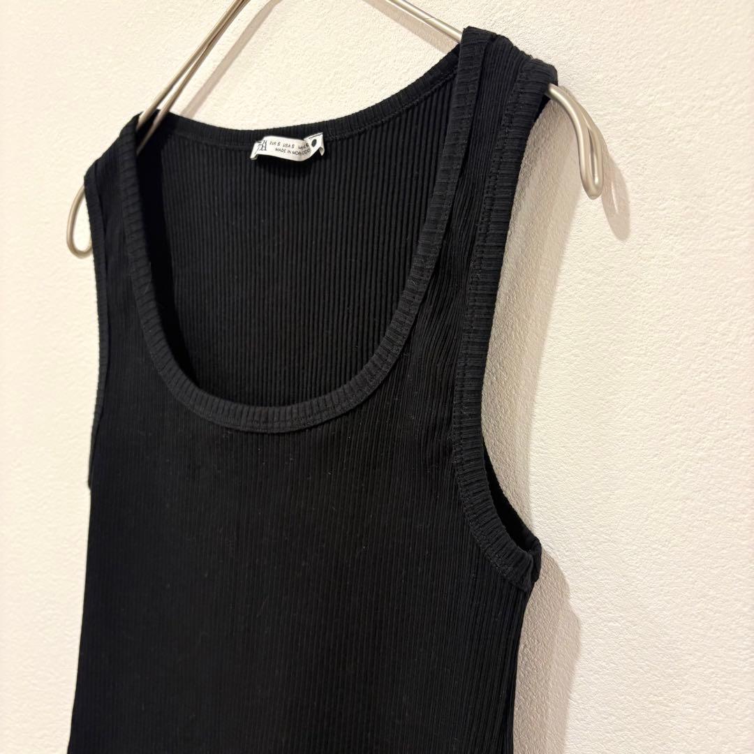 .ザラ　リブ　タンクトップ ロゴ刺繍 黒　ブラック Sサイズ　シンプル 4