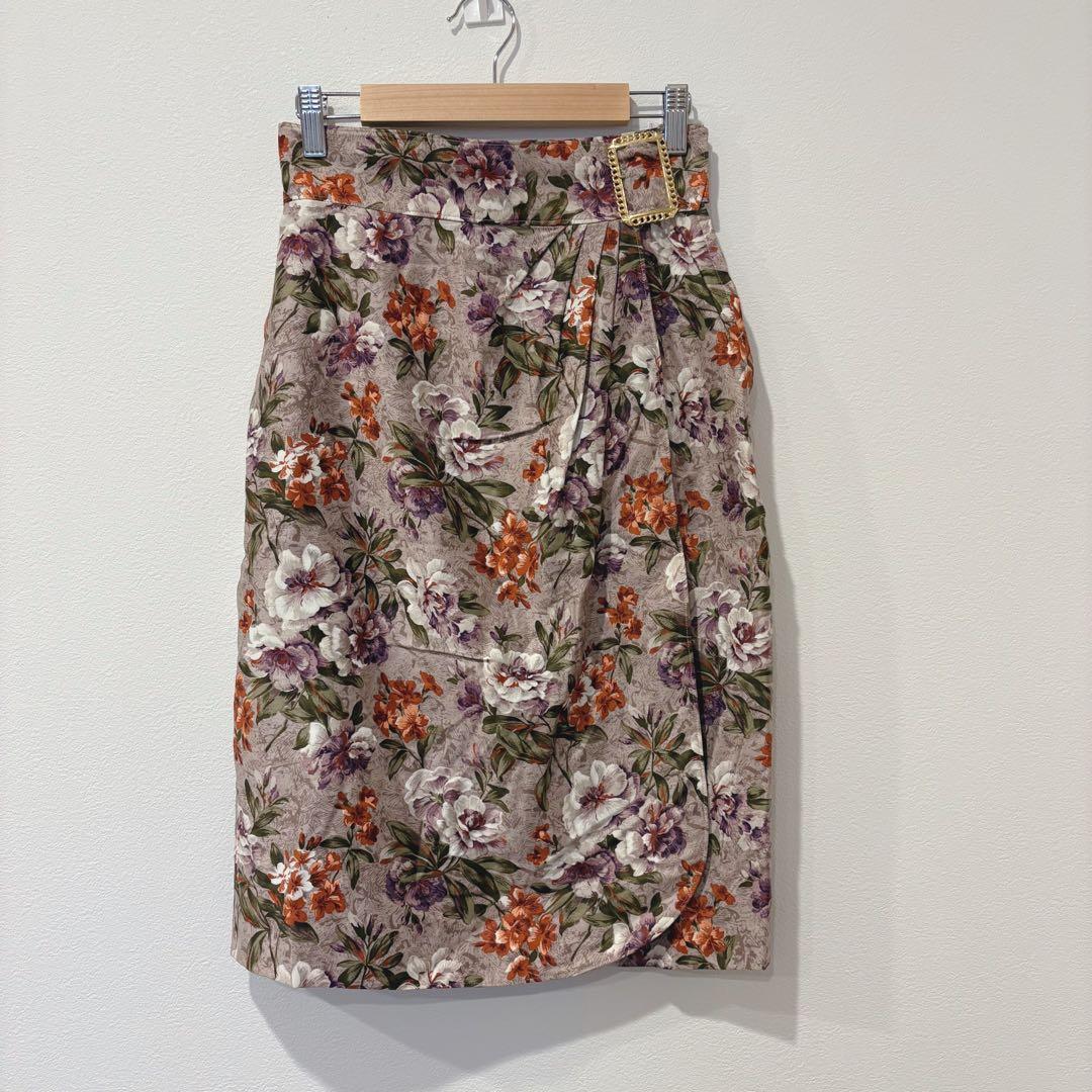 ティノ タイトスカート 花柄 タック ベルト付き ミディ丈 M 上品　高級