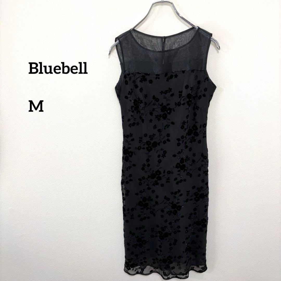 Bluebell 花柄シースルーノースリーブひざ丈ワンピース M 黒 d674