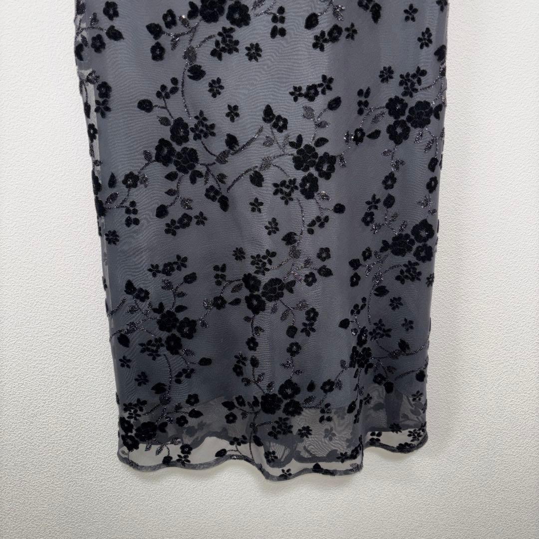 Bluebell 花柄シースルーノースリーブひざ丈ワンピース M 黒 d674 11