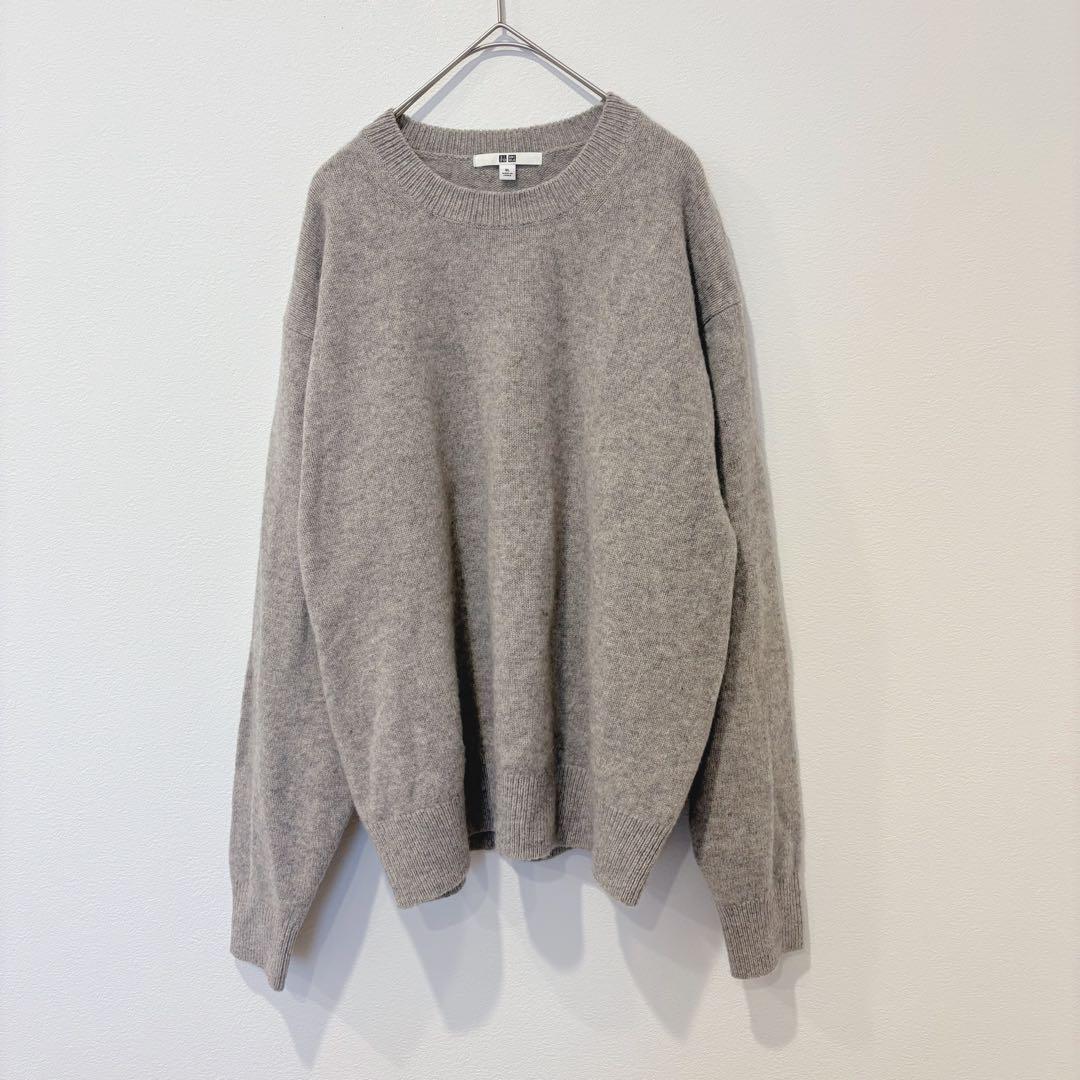 ユニクロ ニット セーター ウール100 クルーネック ベージュ XL ゆったり