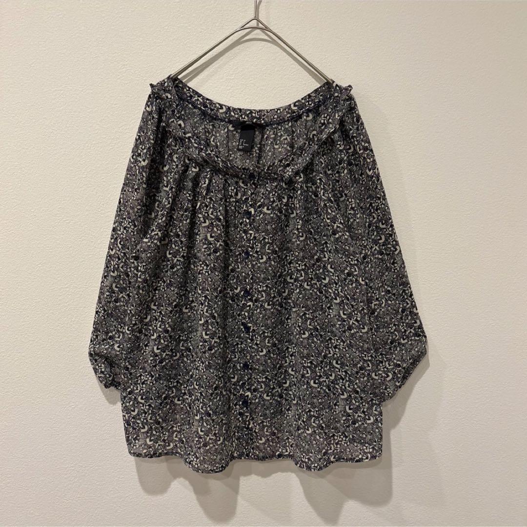 H&M 花柄 ブラウス 前ボタン 黒　ブラック　36 S相当　シフォン　かわいい