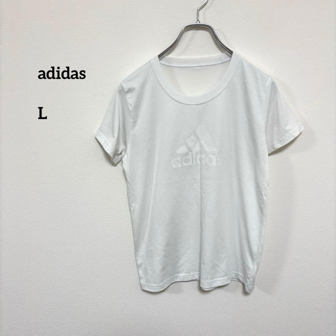 adidasホワイト Tシャツ L半袖ロゴトレーニングウェアd652