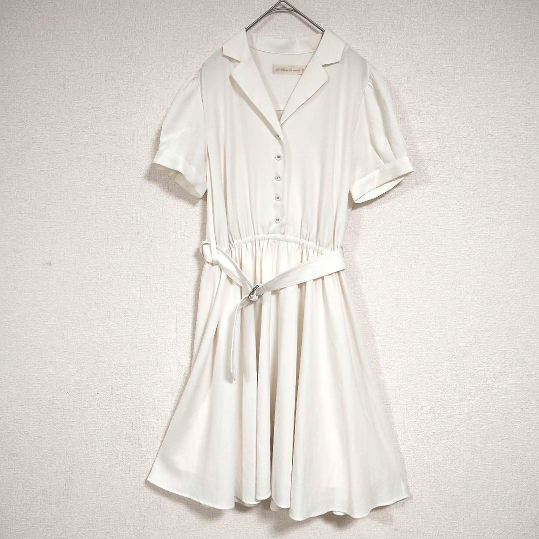 トランでアンソンドゥモード ホワイト半袖ワンピース M ベルト ウエストゴム