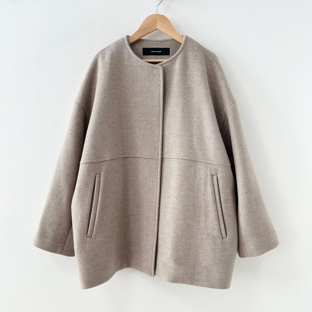 ジャーナルスタンダード　スーパー140ビーバーノーカラーショートコート　ベージュ