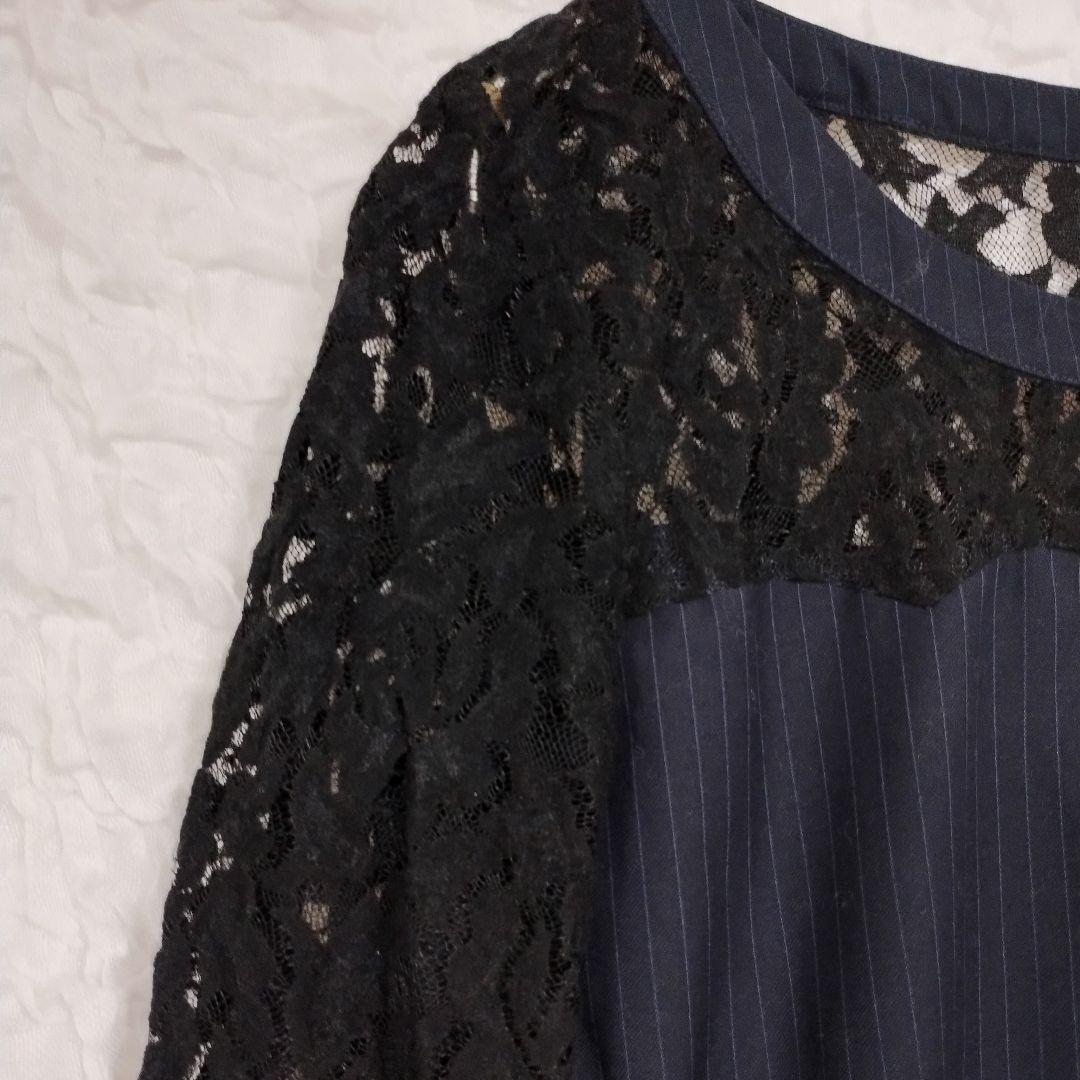 マーブリー Marblee ネイビー レース 五分袖 フレアトップス ブラウス 2