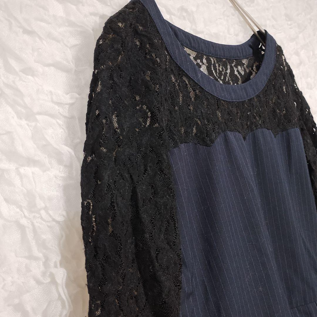 マーブリー Marblee ネイビー レース 五分袖 フレアトップス ブラウス 5