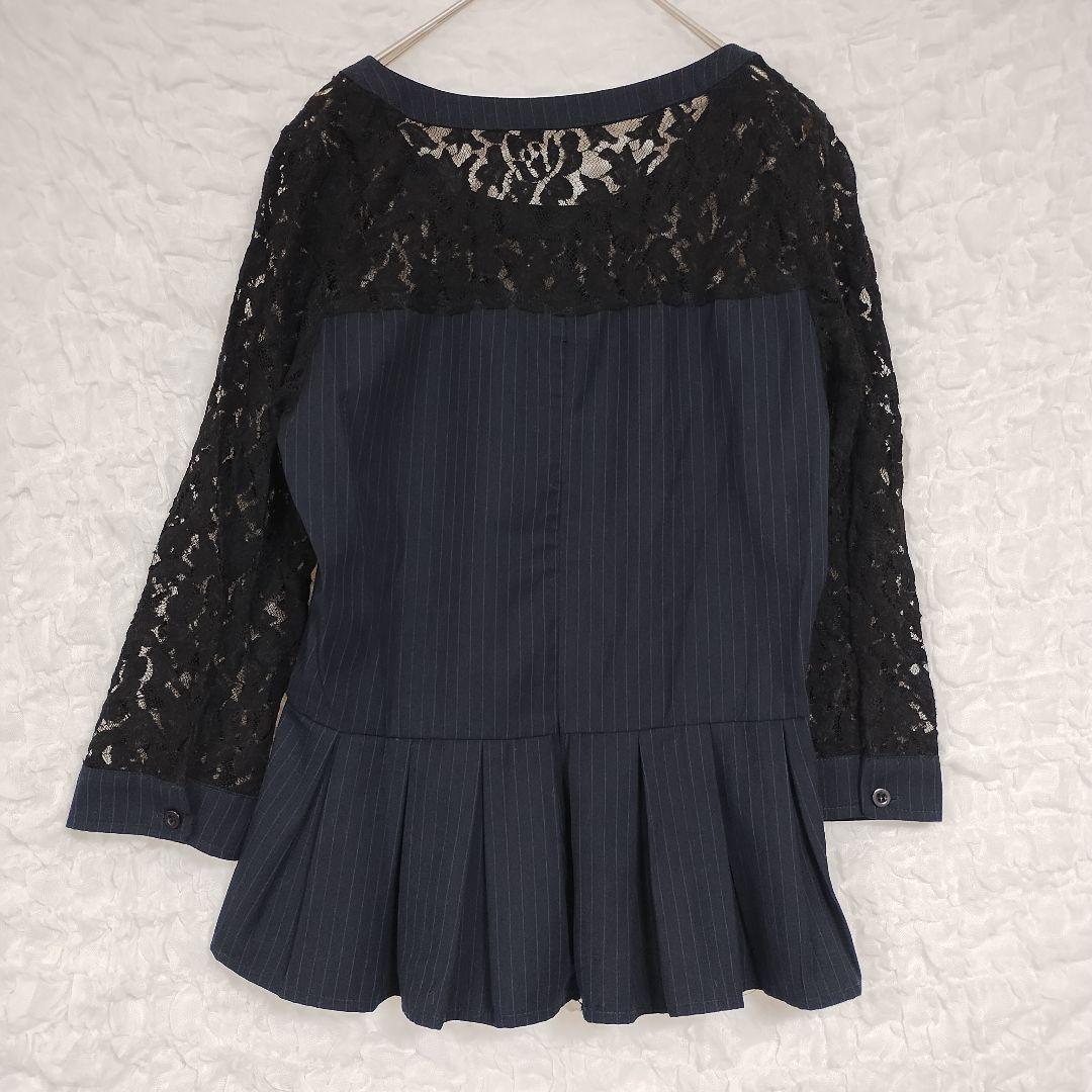 マーブリー Marblee ネイビー レース 五分袖 フレアトップス ブラウス 6