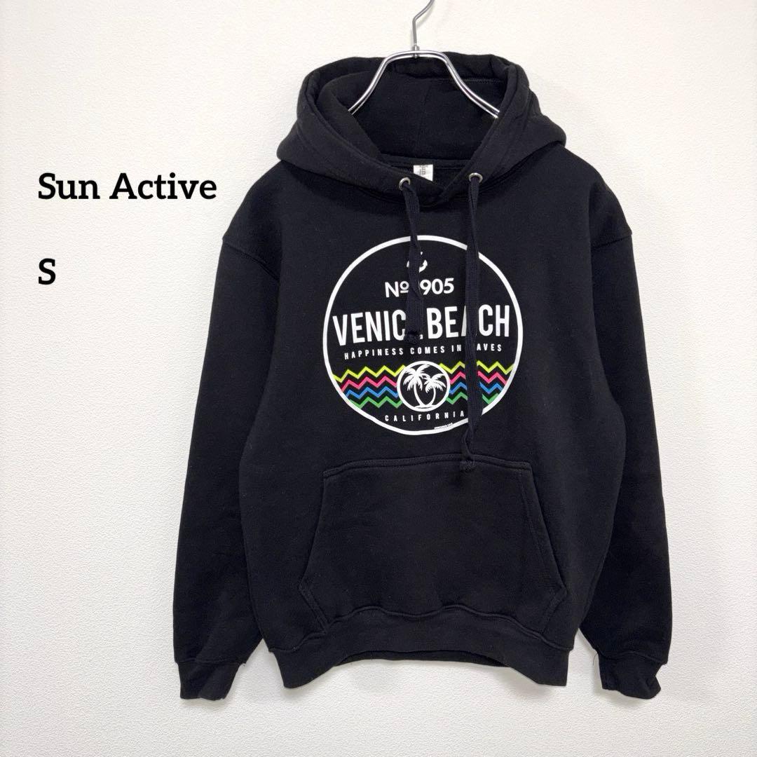 Sun Active ロゴ ブラックパーカー フーディS Y2K d689