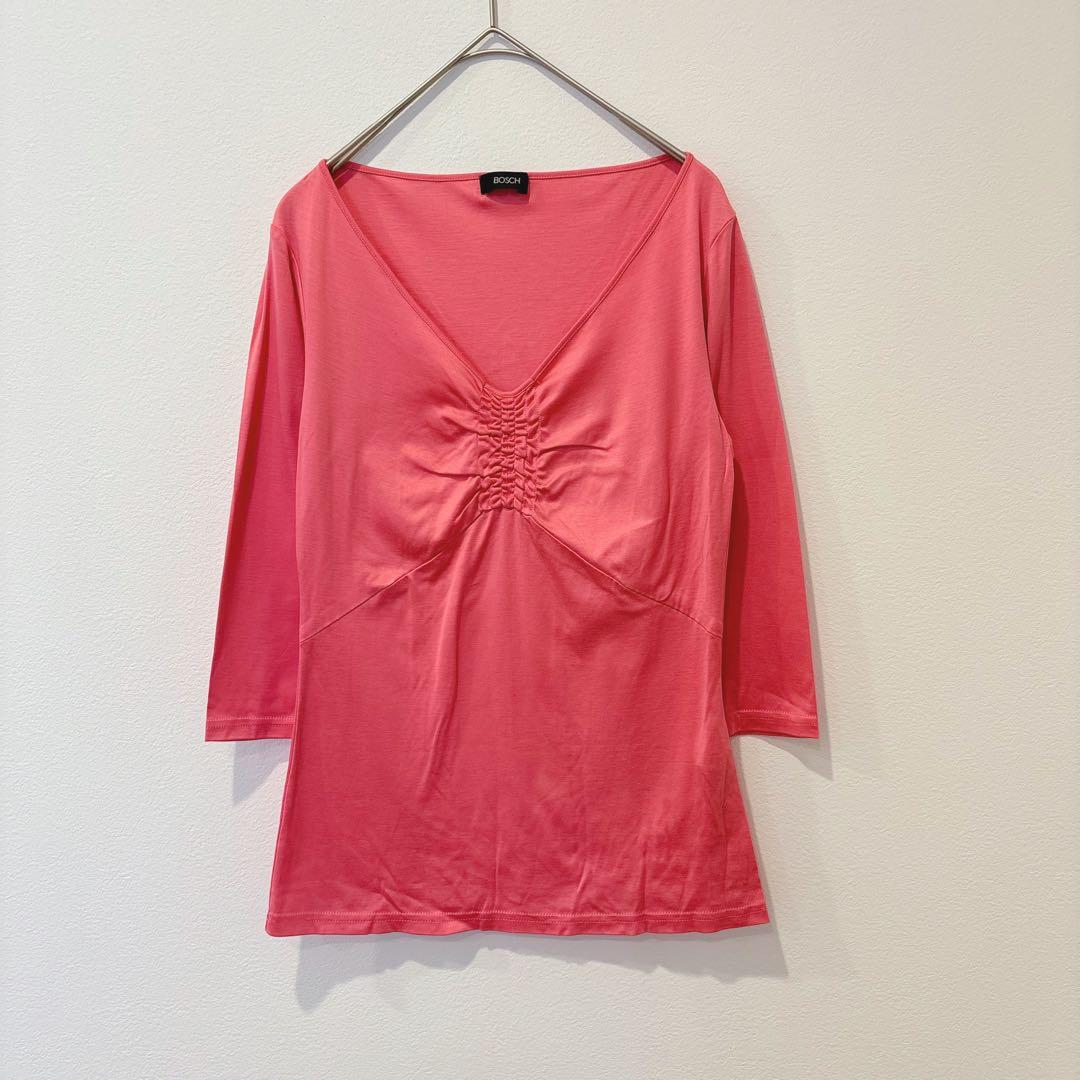 ボッシュ Vネック ギャザー カットソー ピンク 七分袖 38 M 艶感　上品
