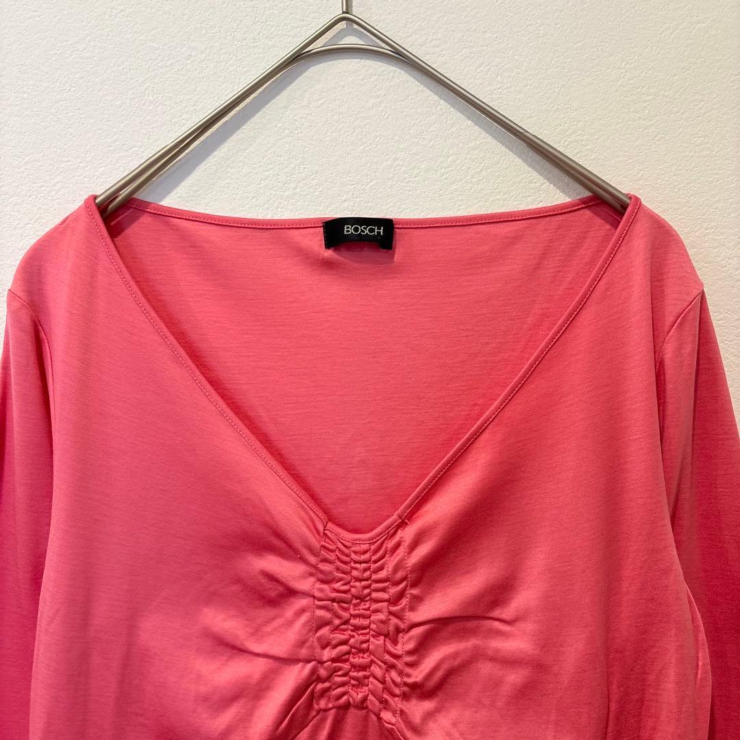 ボッシュ Vネック ギャザー カットソー ピンク 七分袖 38 M 艶感　上品 2