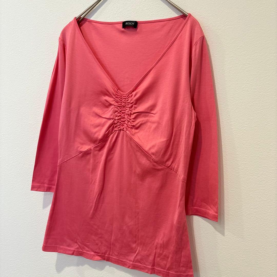 ボッシュ Vネック ギャザー カットソー ピンク 七分袖 38 M 艶感　上品 4