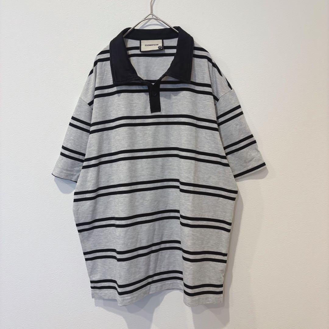 半袖ポロシャツ ボーダー グレー XL ビッグシルエット　メンズ　カジュアル