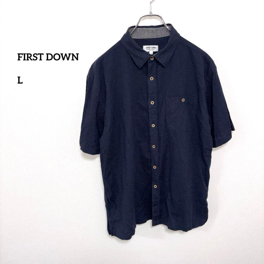 FIRST DOWN 半袖シャツ L ネイビーリネン混メンズd777