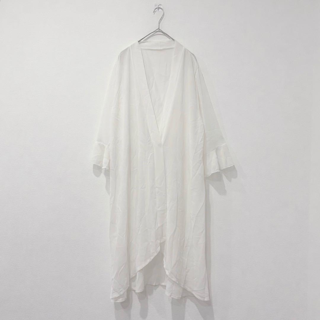 カラバサ ガウン ロングカーディガン フリル袖 白　ホワイト M〜L 羽織り