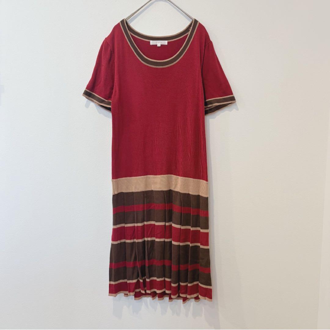 グローブ ニットワンピース　ロング　配色　ボーダー　赤　ブラウン　Mサイズ　半袖