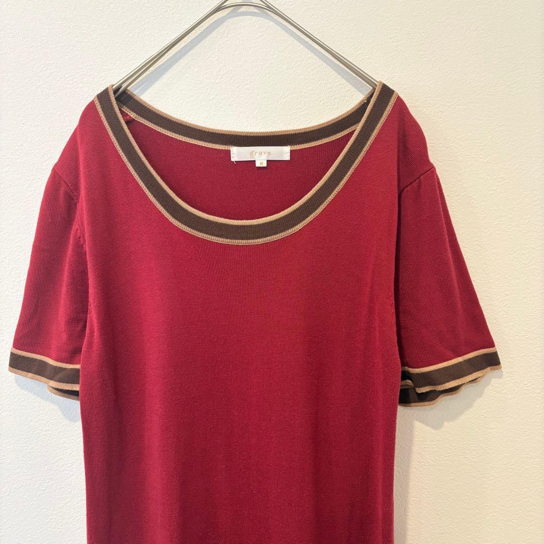 グローブ ニットワンピース　ロング　配色　ボーダー　赤　ブラウン　Mサイズ　半袖 2