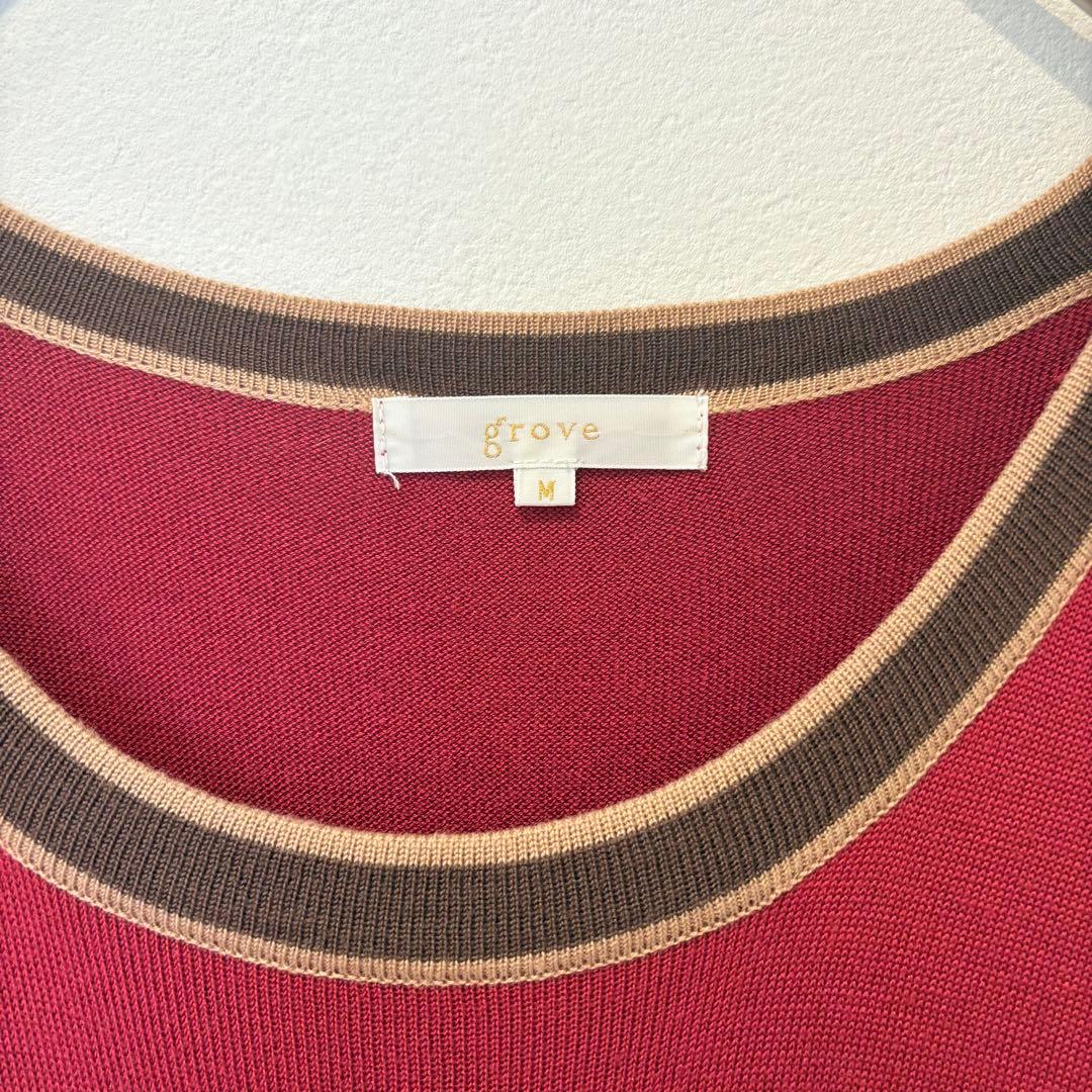 グローブ ニットワンピース　ロング　配色　ボーダー　赤　ブラウン　Mサイズ　半袖 3