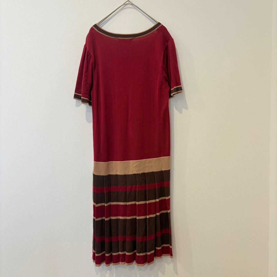 グローブ ニットワンピース　ロング　配色　ボーダー　赤　ブラウン　Mサイズ　半袖 5