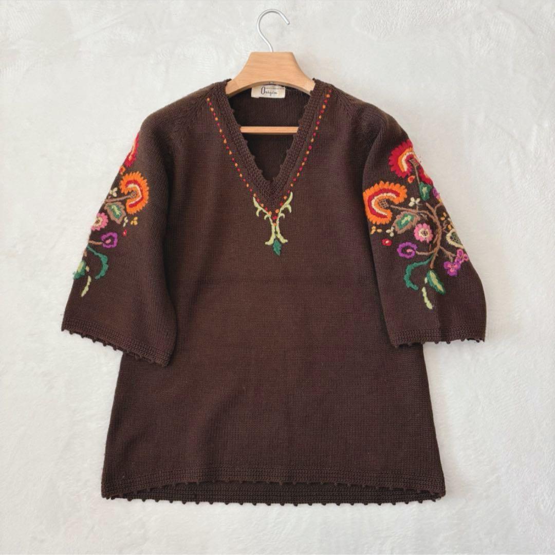 .Towa origin 刺繍　ニットトップス　茶色 ブラウン　七分袖　Tシャツ