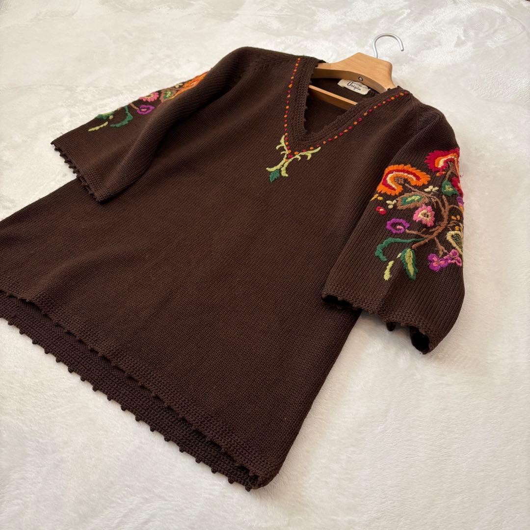 .Towa origin 刺繍　ニットトップス　茶色 ブラウン　七分袖　Tシャツ 2