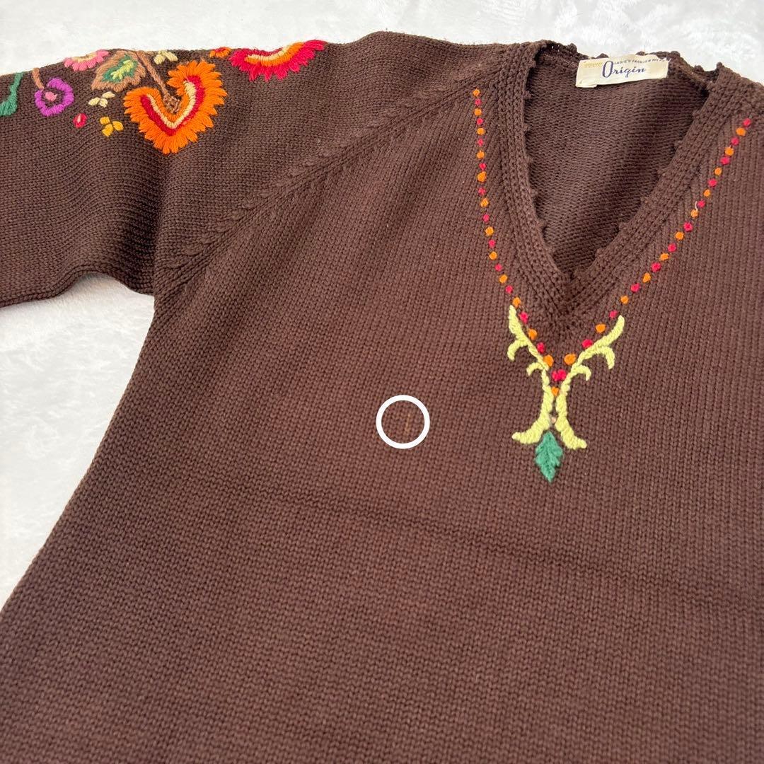 .Towa origin 刺繍　ニットトップス　茶色 ブラウン　七分袖　Tシャツ 12