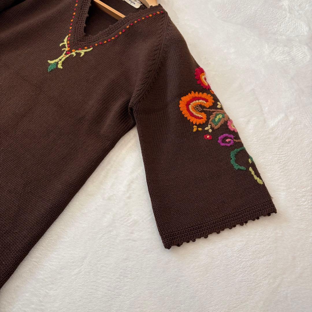 .Towa origin 刺繍　ニットトップス　茶色 ブラウン　七分袖　Tシャツ 3