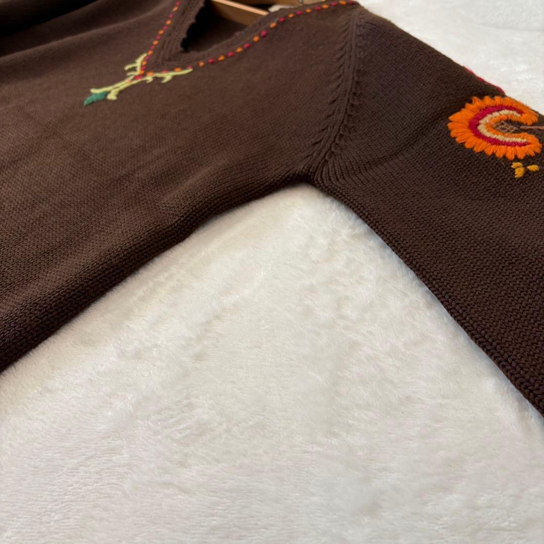 .Towa origin 刺繍　ニットトップス　茶色 ブラウン　七分袖　Tシャツ 4