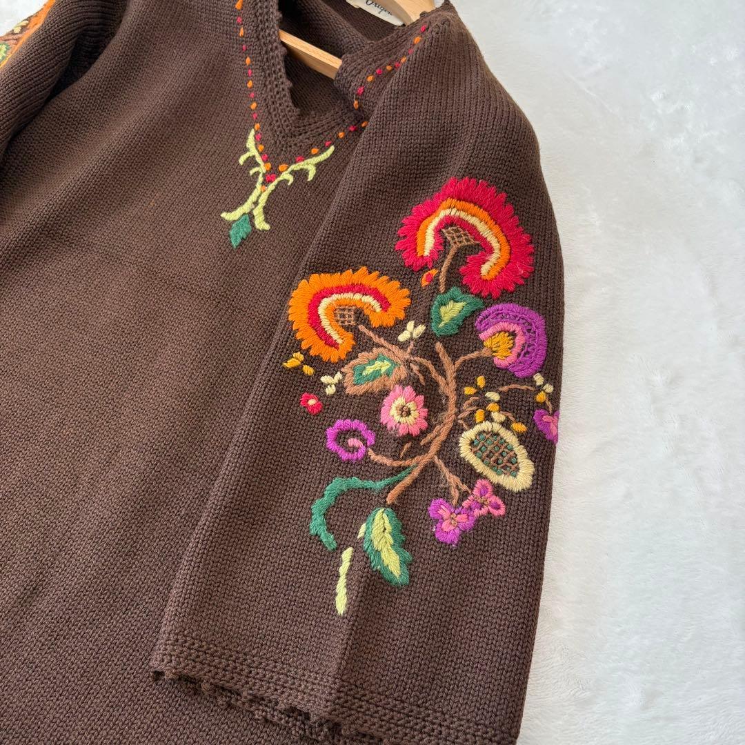 .Towa origin 刺繍　ニットトップス　茶色 ブラウン　七分袖　Tシャツ 5